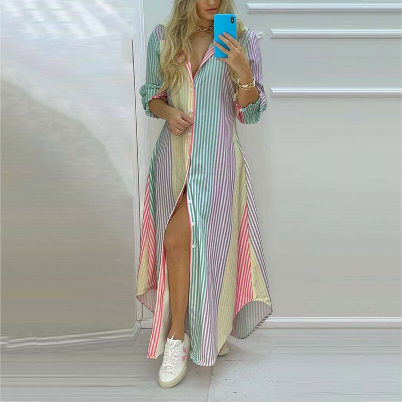 Sommer Frauen Boho einreihig Knopf Hemd Kleid Turn-Down-Kragen unregelmäßig langes Kleid weiblich sexy bedruckte Maxi kleider
