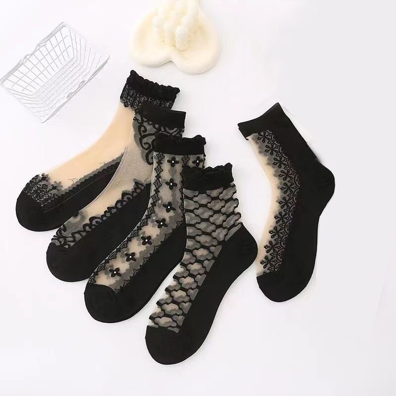 Women Ladies Socks Fashion Sheer Mesh Glass Silk Socks Ultrathin Transparent Crystal Lace Elastic Summer Ankle Socks