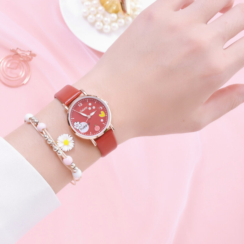 Hot Fashion Quartz Kinderen Horloge Armband Set Quartz Horloges Meisjes Gift Student Horloge Pu Leer Rose Gouden Horloge Voor Vrouwen