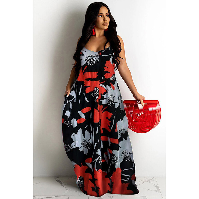 Plus Size Daily Maxi Dresses Red Floral Spring Summer Cami Sleeveless Maxi Dresses