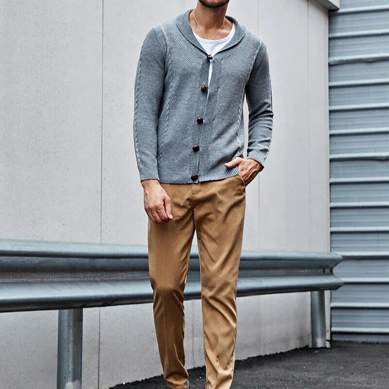 Fashion Mens Sweater Cardigans Spring Long Sleeve Lapel Button Knitted Coats Men Vintage Solid Color Slim Knitwear Men's Garment