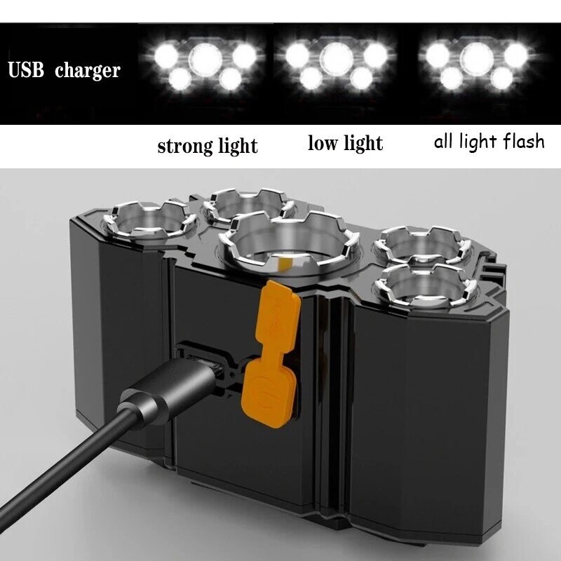 5 Led Strong ไฟหน้า Super Bright หัวไฟฉาย Usb ชาร์จ Built-In แบตเตอรี่ชาร์จไนท์ตกปลา