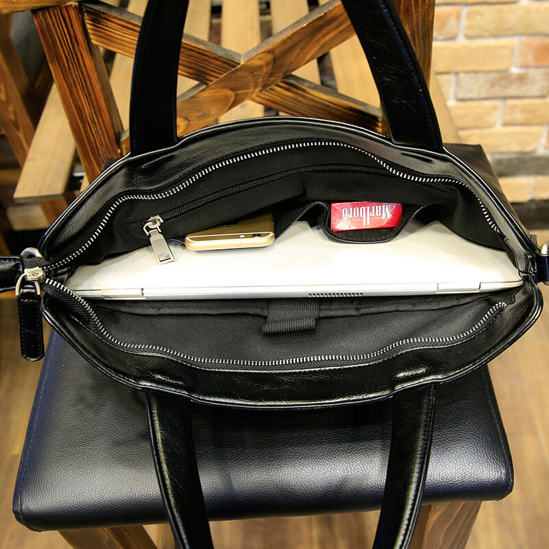 Maleta masculina de couro PU preto, bolsa mensageiro de ombro, bolsa horizontal para laptop, bolsa para documentos, luxo