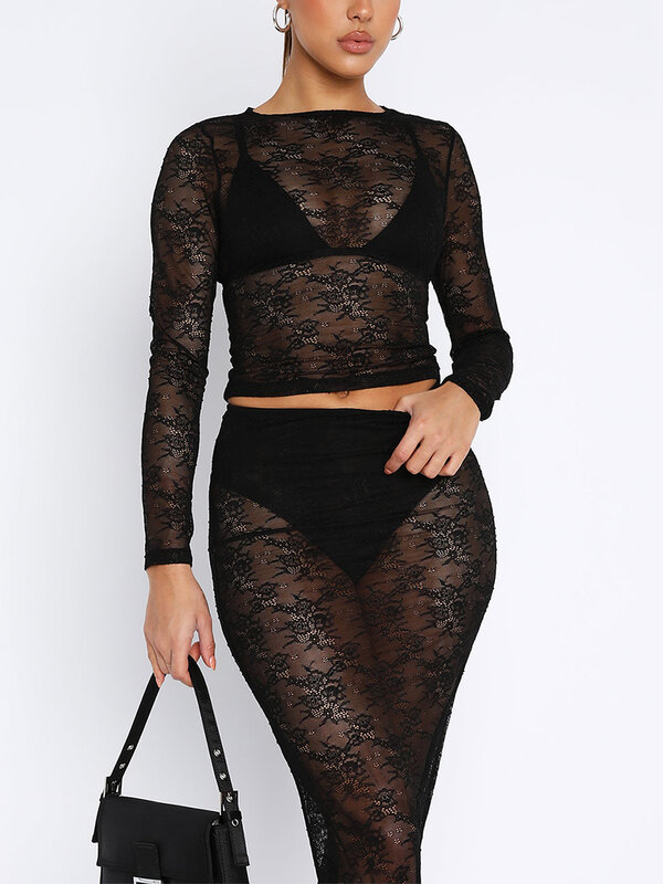 Women's Lace Skirt Sets See-through Long Sleeve Crop Top with Long Skirt Lace Outfit Summer Sheer Outfit Clubwear