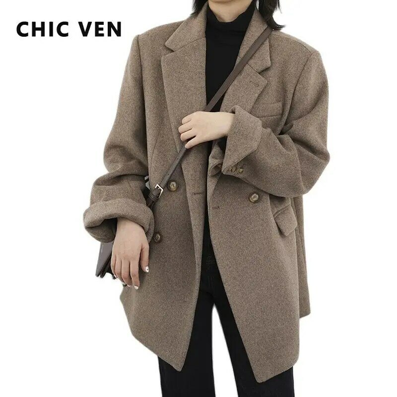 CHIC VEN Women Wool Blend Coat Solid Mid Long Woolen Blazer Thick Warm Blouse Women's Overcoat Office Lady Tops Autumn Winter