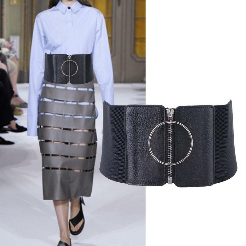 Style High Waist Dress Waist Strap Slimming Body PU Leather Cummerbunds Female Waistband Zipper Elastic Belt Wide Waist Belt