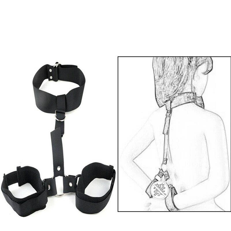 Sm Adult Female Leather Binding Back Handcuffs Flirting Webbing Neck Cuffs Bondage Webbing Husband And Wife Auxiliary Sex Toys