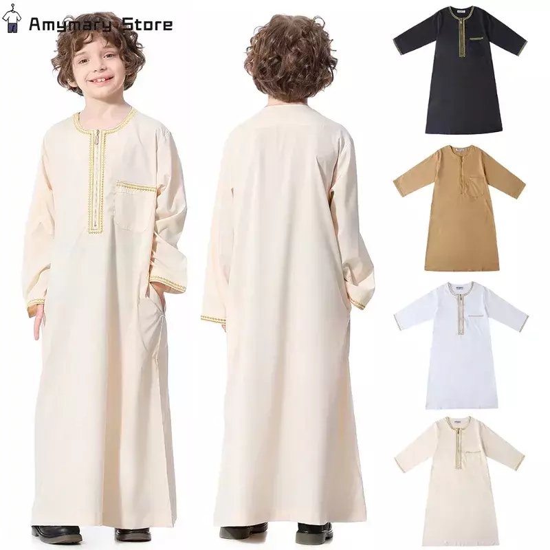 Muslim Boys Robe Round Collar Embroidered Long Sleeves Dress Gown Saudi Arabia Abaya Kaftan Jubba Thobe Islamic Clothes
