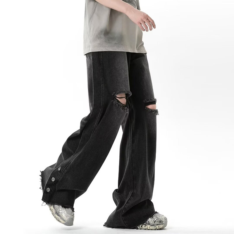 Рваные джинсы мужские летние облегающие прямые брюки