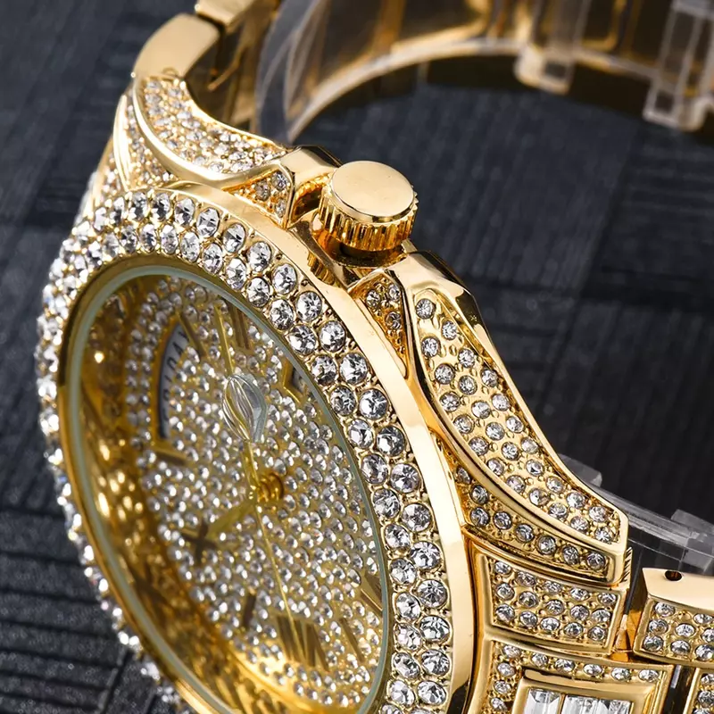 Relógio de ouro de luxo para homem iced para fora relógio masculino hip hop cheio bling diamantes relógios masculinos à prova dwaterproof água moda quartzo relógio de pulso homem