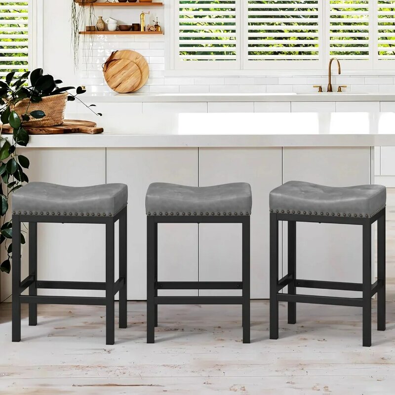 LUE BONA Counter Height Bar Stools, 24 Inch  Backless Bar Stools Set of 3 for Kitchen Counter, Faux Leather