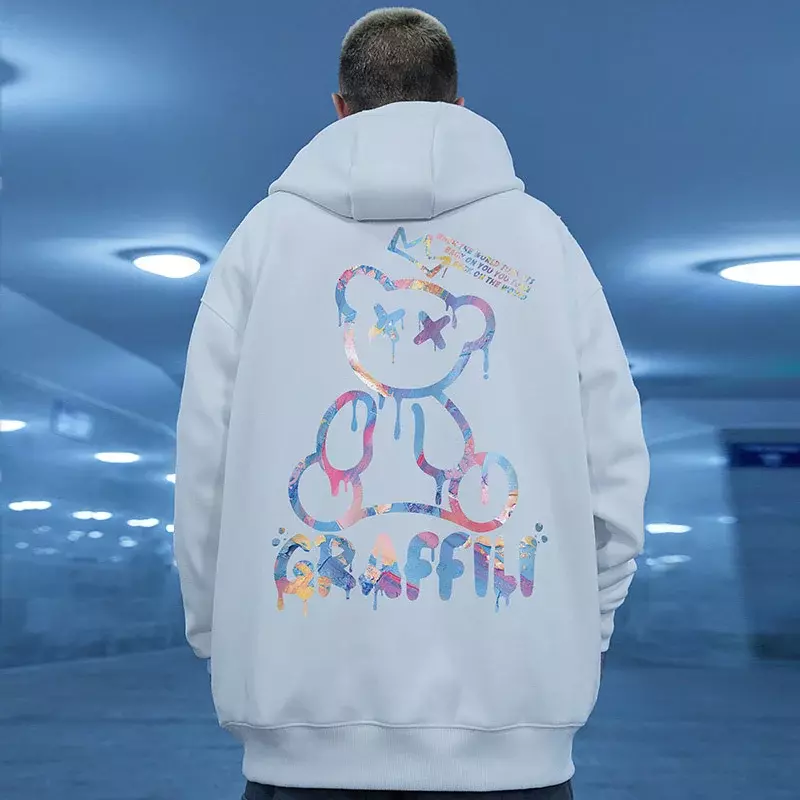 Główna ulica Graffiti nadruk niedźwiedzia męska kurtka polarowa z kapturem Retro jesień luźny pulower bluzy z kapturem Hip Hop Y2K bluzy odzież