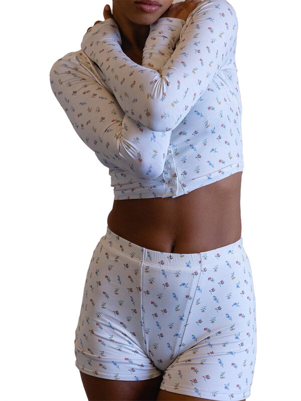 Top casual de manga comprida e shorts de 2 peças Pijama para mulheres, conjunto de pijama, loungewear