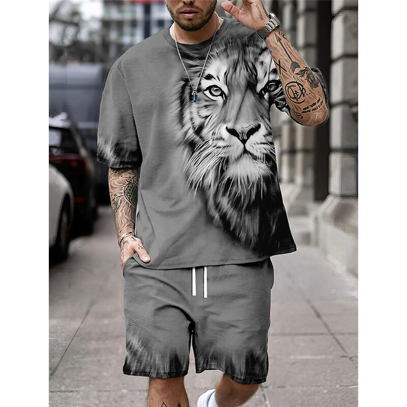 T-shirt da uomo con stampa animalier moda estiva Set o-collo a maniche corte Top e pantaloncini Everyday Street Commuter abbigliamento Casual per uomo
