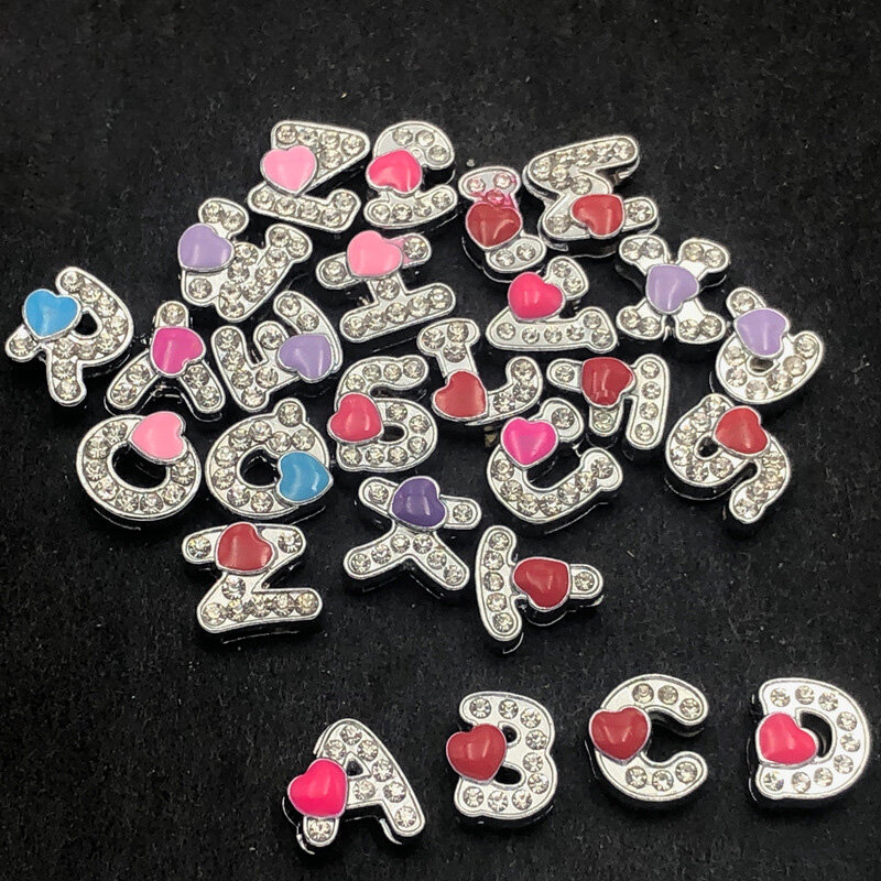 HeartRhinestone 8mm Slide Letters Charms Alphabet Alloy Fit Bracelet Wristband Collar Key Chain Belt DIY Jewelry Women Kids Gift