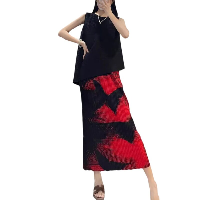 Miyake-Saia casual plissada feminina, estética gradiente, elástico na cintura, estampa original de borboleta, meia saia elegante, novo, verão, 2022