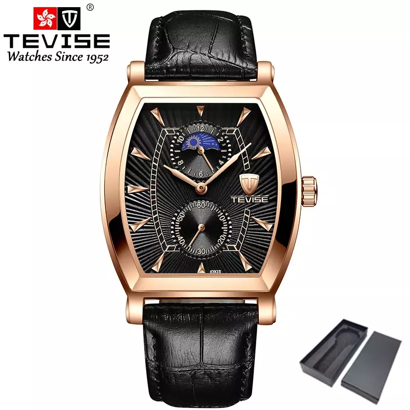 Classic Tonneau Case Watch for Men Moon Phase Fashion Quartz Mens Watches Man Male Clock Waterproof Rose Gold Relogio Masculino