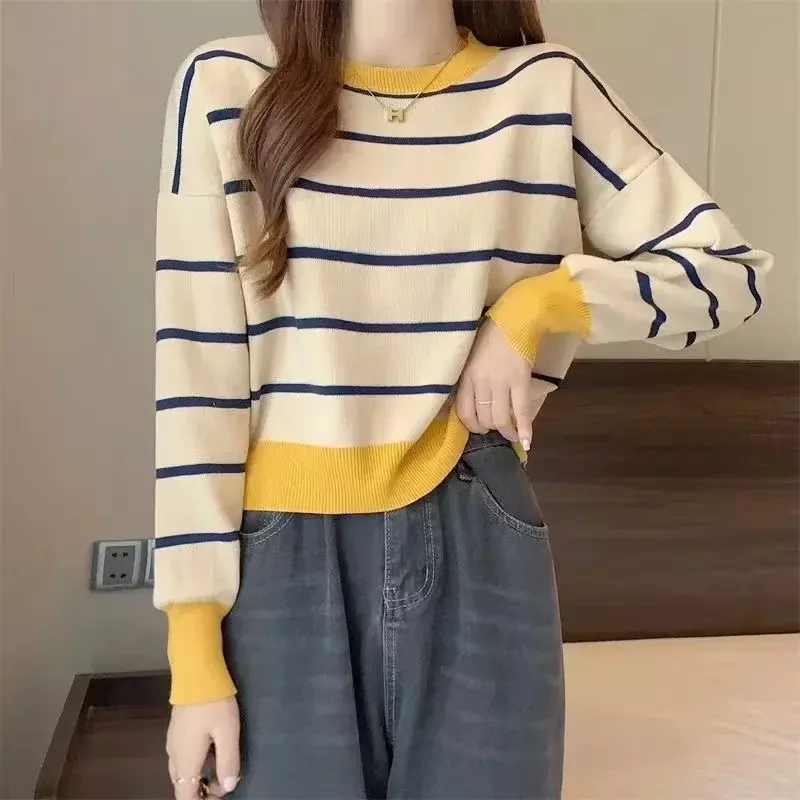 Women's O-Neck Long Sleeve Pullover Casual Knitwear Stripe Pattern Lady Chic Top Korean Style Sexy Party Spring Autumn