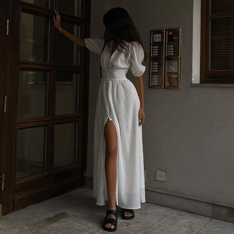 Styl Instagram 2024, nowy, elegancki design, wyczucie rękawów bąbelkowych, pokaż temperament, dopasowany krój, długa sukienka z rozcięciem