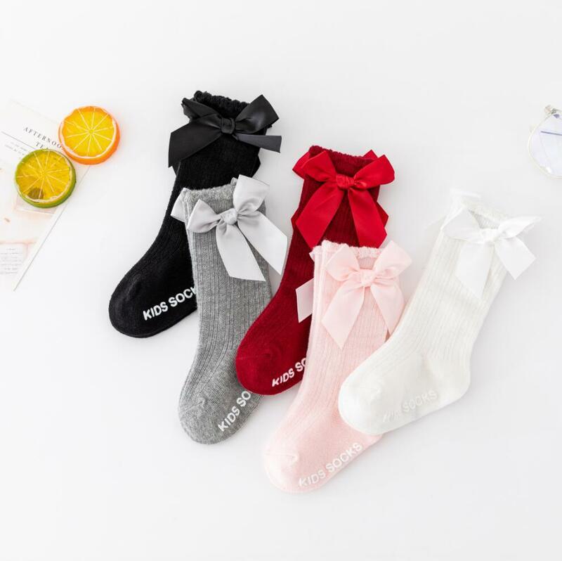 3Pcs New Girls' Solid Color Striped Socks Pure Cotton Anti Slip Bubble Bow Mid Length Socks