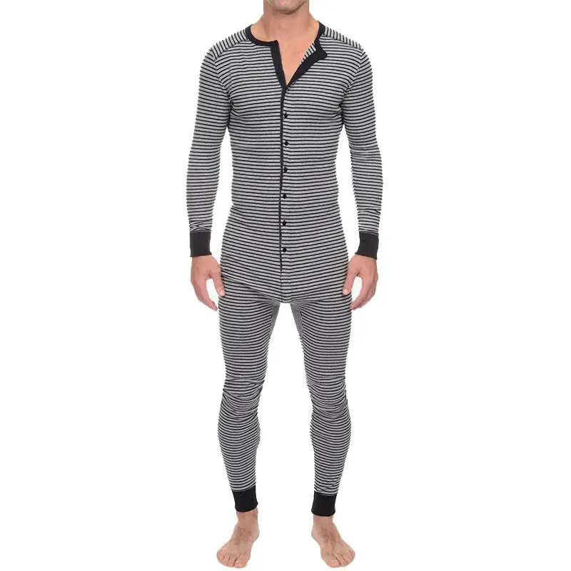 Полосатая домашняя пижама для мужчин, Цельный Ромпер с длинным рукавом и круглым вырезом, одежда для сна