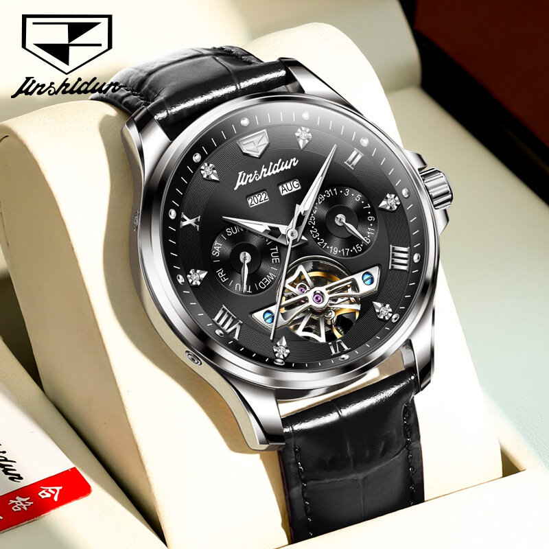 JSDUN-Montres mécaniques automatiques pour hommes d'affaires, chronographe de luxe, date automatique, bracelet en cuir, horloge Shoous étanche, 8926