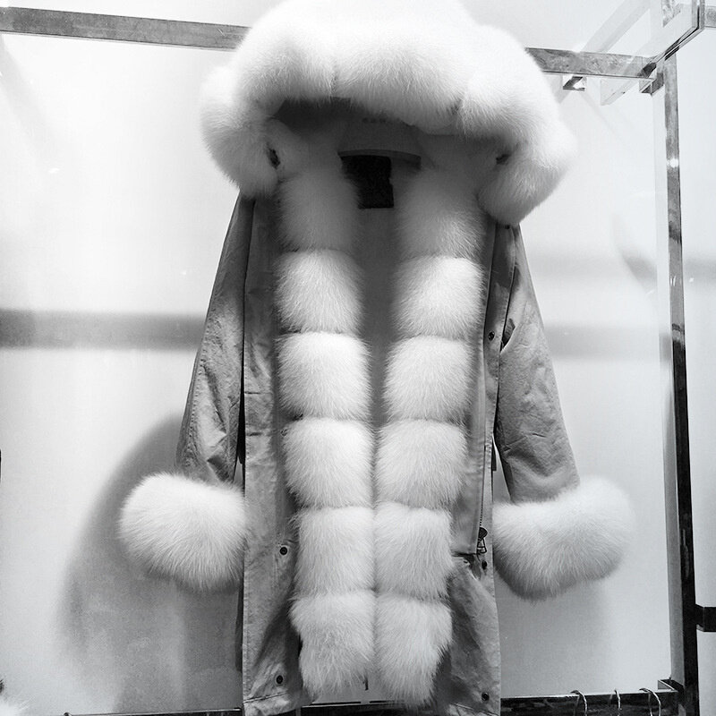 Casaco novo casaco de pele de raposa parka feminino pele de coelho forrado parkas preto inverno grosso real casaco longo quente outerwear feminino