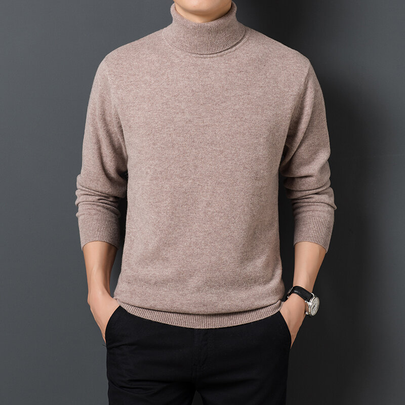 Sweater pria warna Solid, Sweater Pullover hangat dan nyaman, Sweater lengan panjang, leher kura-kura, pakaian pria