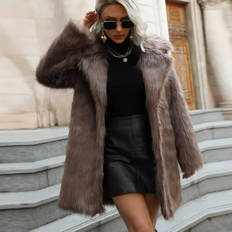 Long Faux Fox Fur Coat Women Suit Collar Fall and Winter Casual Faux Fur Jacket Women