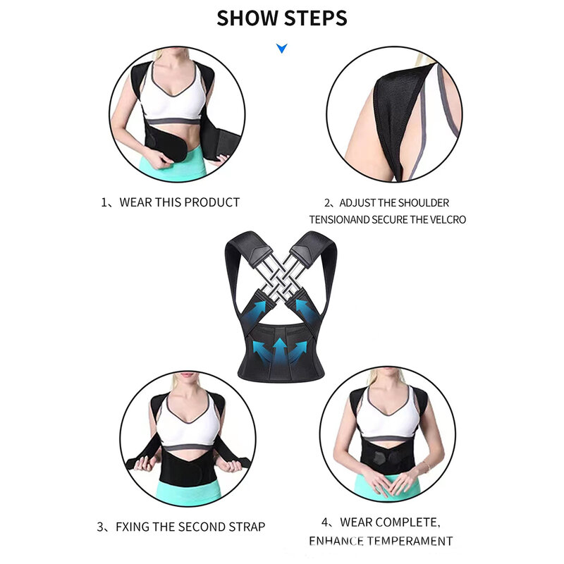 女性と男性のための姿勢矯正器、調節可能な肩ブレース、背中の矯正器、中央と上部の背骨に使用