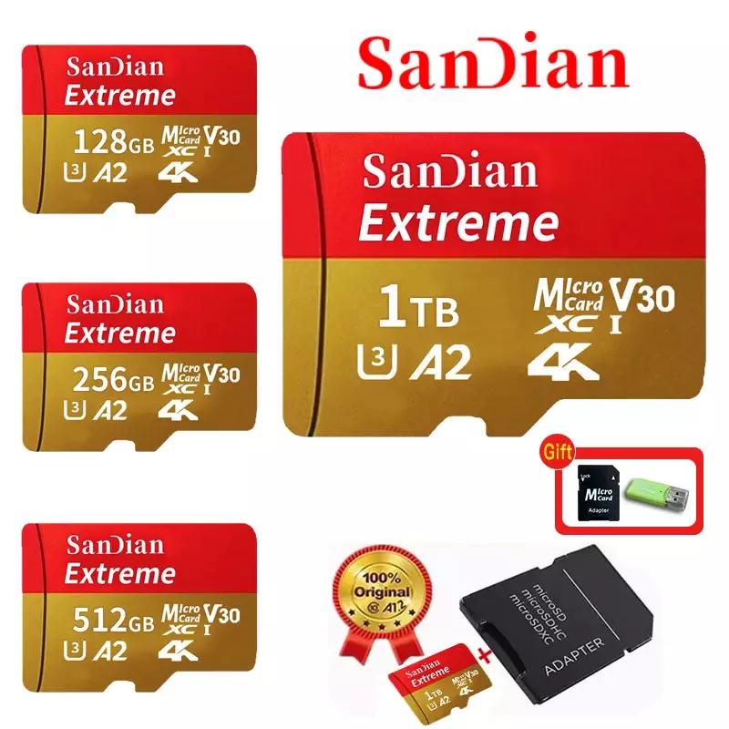 Original Mini SD Card para Câmeras Telefônicas, Cartões de Memória Flash de Alta Velocidade, TF Cartão para MP3, MP4 Player, 128GB, 256GB, 512GB, 1TB