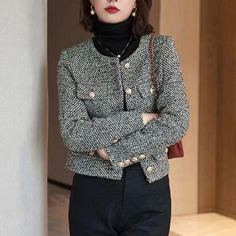 2023 Spring Autumn New Solid Color Round Neck Long Sleeve Patchwork Button Jacket Women Fashion Elegant Vintage All-match Coat