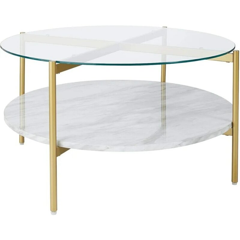 Contemporary Round Coffee Table With Glass & Faux Marble Furniture White & Gold Tea and Coffee Tables for Living Room Dining End