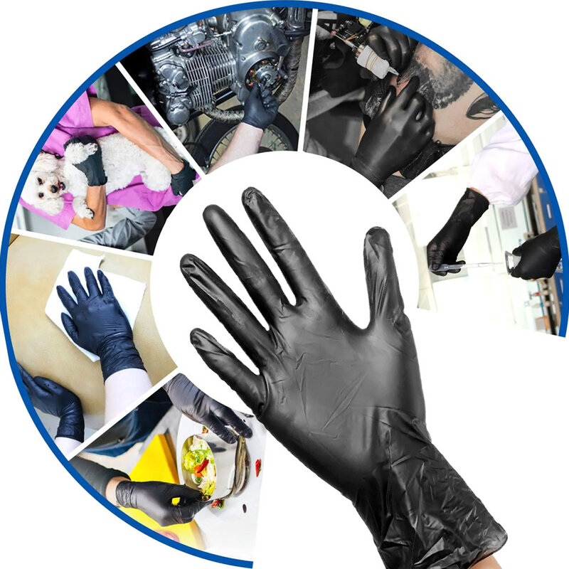 Confezione da 100 guanti monouso in Nitrile nero per la pulizia della casa strumenti di sicurezza sul lavoro guanti da giardinaggio utensili da cucina da cucina Tatto