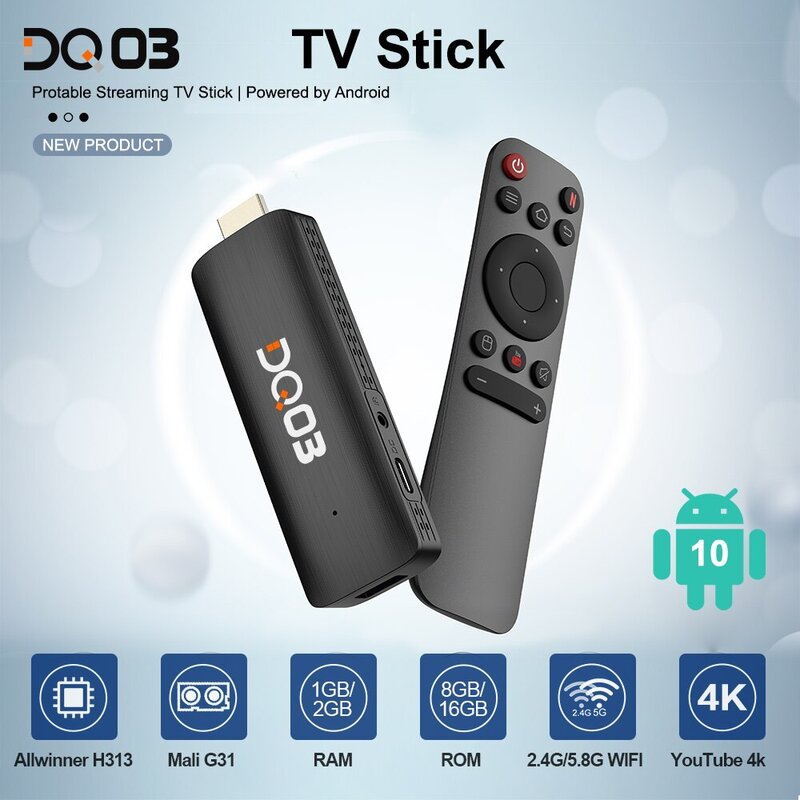 DQ03 Mini TV Stick, Façades, Android 10, Core ARM, Cortex A53, 2 Go, 16 Go, Support 4K, H.dissis, WiFi 2.4G et 5.8G Streaming Smart TV Box, 1 Go, 8 Go