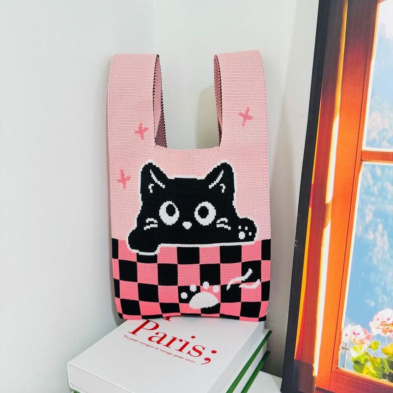 여성용 고양이 패턴 니트 핸드백, 대용량 귀여운 매듭 손목 가방, 니트 토트 백, 신제품