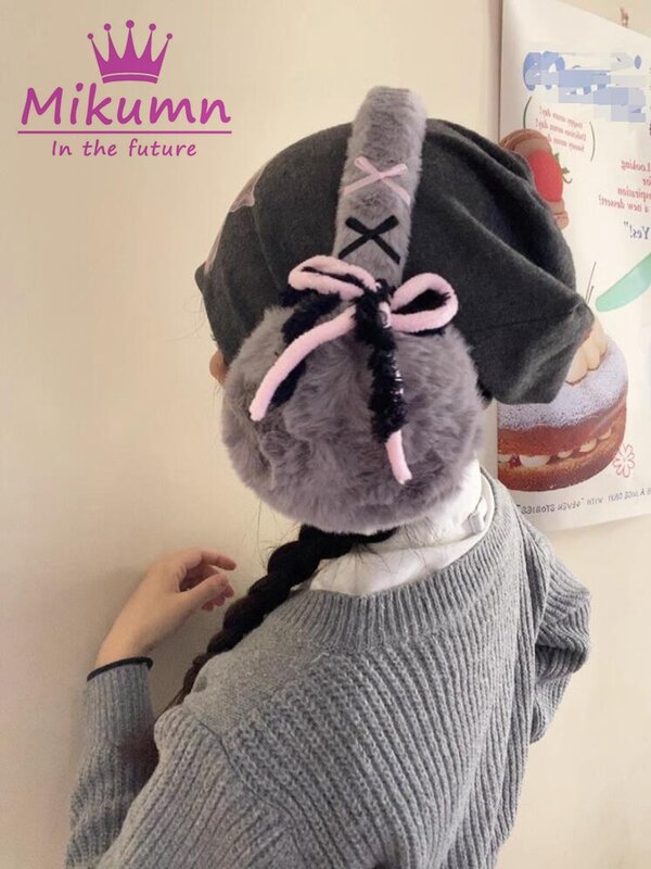 Mikumn Harajuku Y2k Cute Sweet Bow Plush Ear Warmer Women Girls Winter Warm Earmuffs Foldable Outdoor Cold Protection Ear Cover
