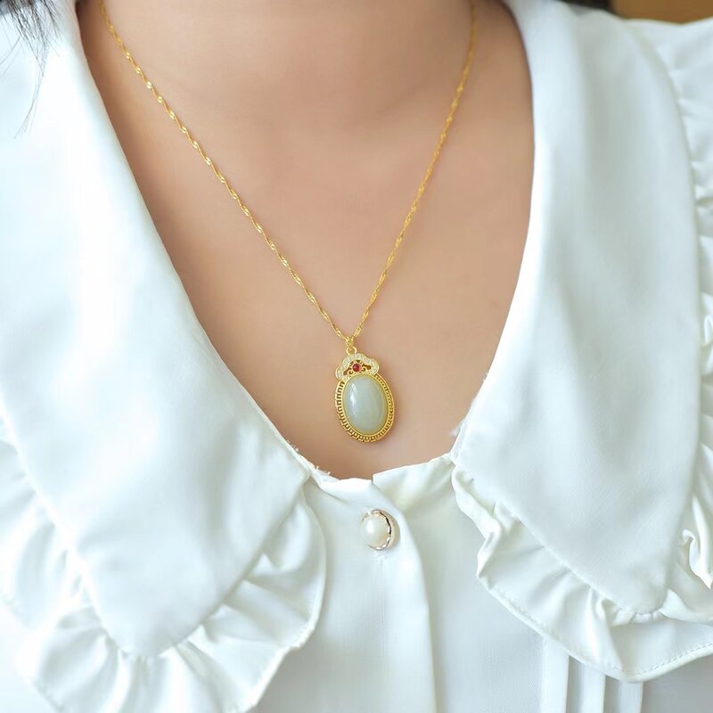 Colgante de Jade blanco de Hetian Natural para mujer, cadena de clavícula elegante, collar, colgantes de joyería, encanto fino, joyería de piedras preciosas