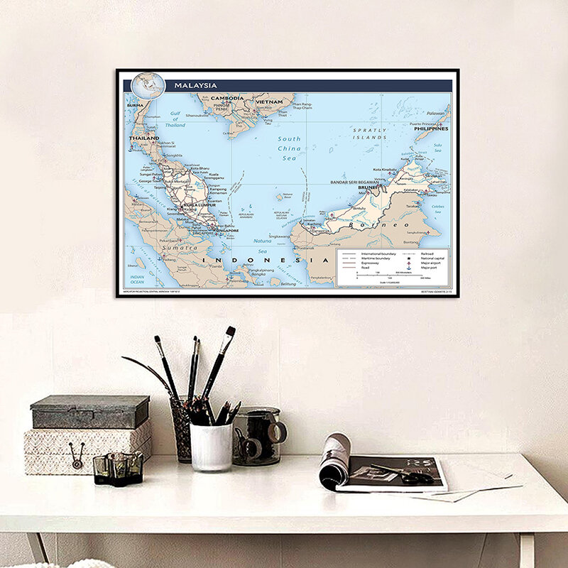 90*60cm mapa da malásia parede decorativa mapa não tecido pintura em tela sem moldura cartaz e impressão sala de estar decoração para casa