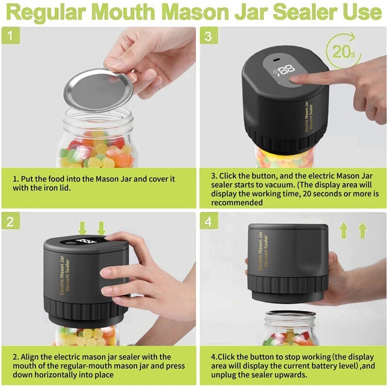 Kit penyegel vakum Mason Jar elektrik untuk mulut lebar dan stoples Mason mulut biasa atau penyimpanan makanan dan fermentasi dengan stoples Mason
