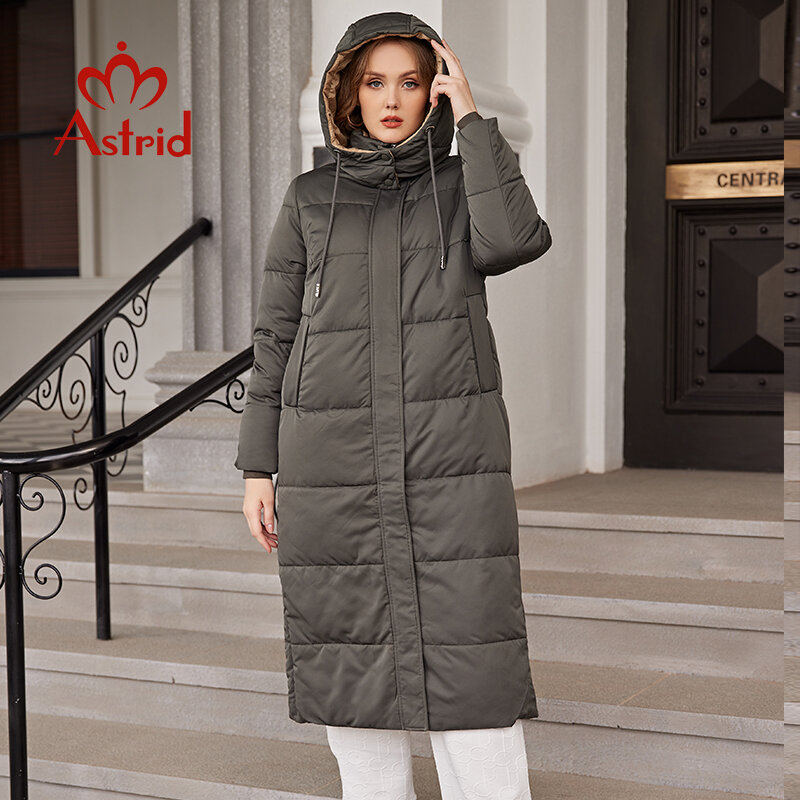 Astrid-Parca feminina de capuz grande, casaco longo quente, jaqueta de costura, moda casual, roupas femininas, inverno, 2022