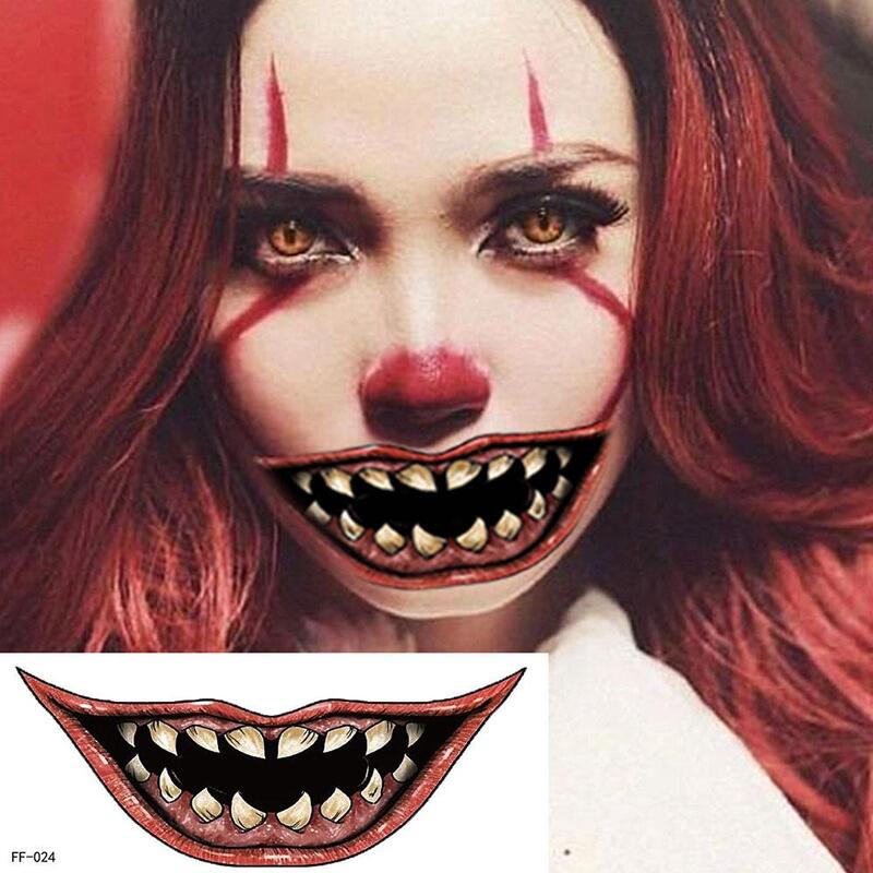 1 buah stiker tato PVC Halloween, stiker bibir horor DIY tato mulut besar tahan air rias lucu alat kecantikan bibir senyum