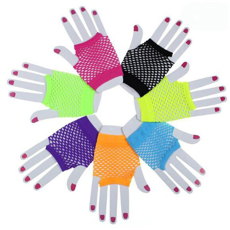 New 12 Fluorescent Color Beauty Sexy Gilrs Short Fishnet Gloves Fingerless Net Gloves Party Gloves Neon Bride Gloves Wholesale