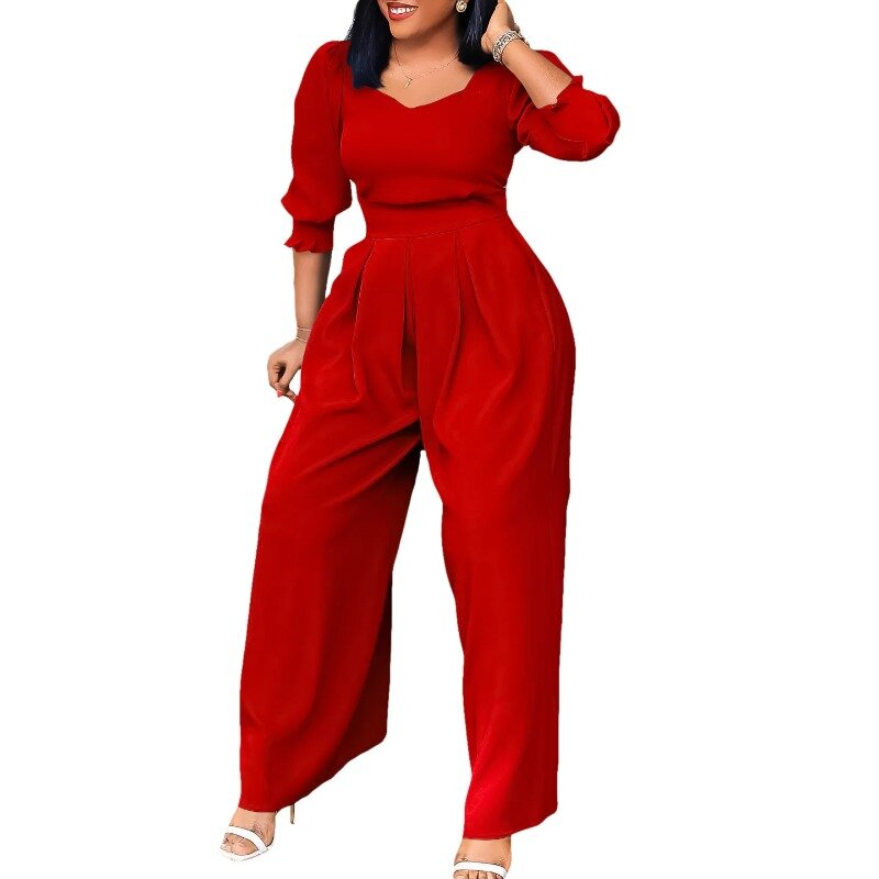 Fashion Women Solid Color Jumpsuits Shrinkage Design V-Neck High Waist Three Quarter Sleeve Autumn Loose Wide Leg Pants
