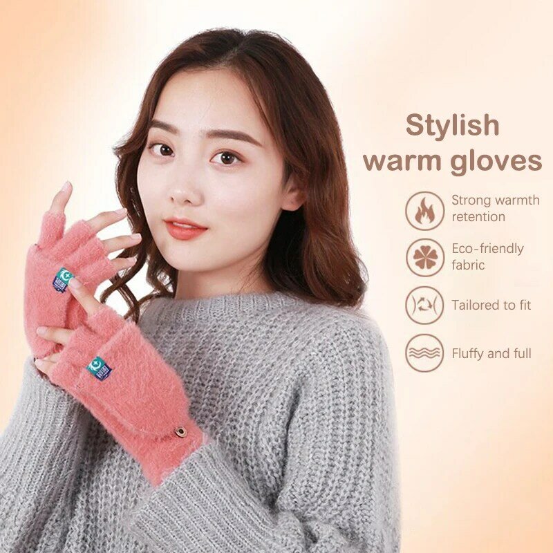 1 para rękawiczek damskich w jednolitym kolorze bez palców ciepłe zimowe pluszowe rękawiczki miękkie klapki rękawice dziewiarskie ogrzewacz dłoni rękawiczki