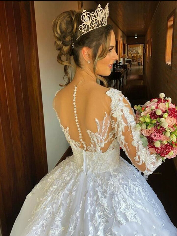 Piękna z wycięciem aplikacje koronkowa balowa suknia ślubna dworska satynowa afrykańska iluzja pełne rękawy Plus rozmiar suknia ślubna