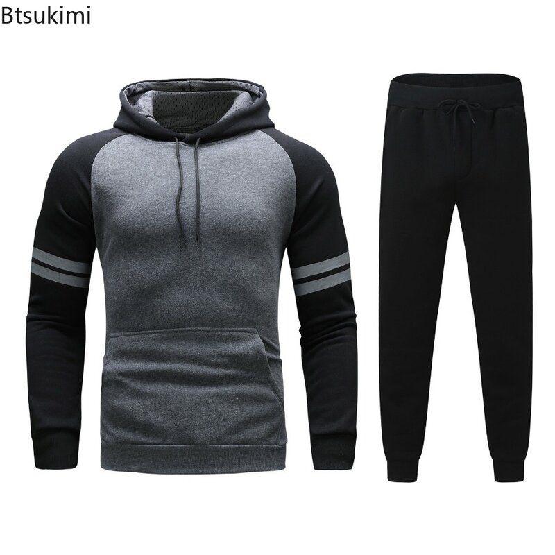 2024 Autumn Winter Men's 2 Pieces Hooded Pullover+Pants Sets Colorblock Striped Thicker Hoodies Sweatshirt Outfit for Men Sets