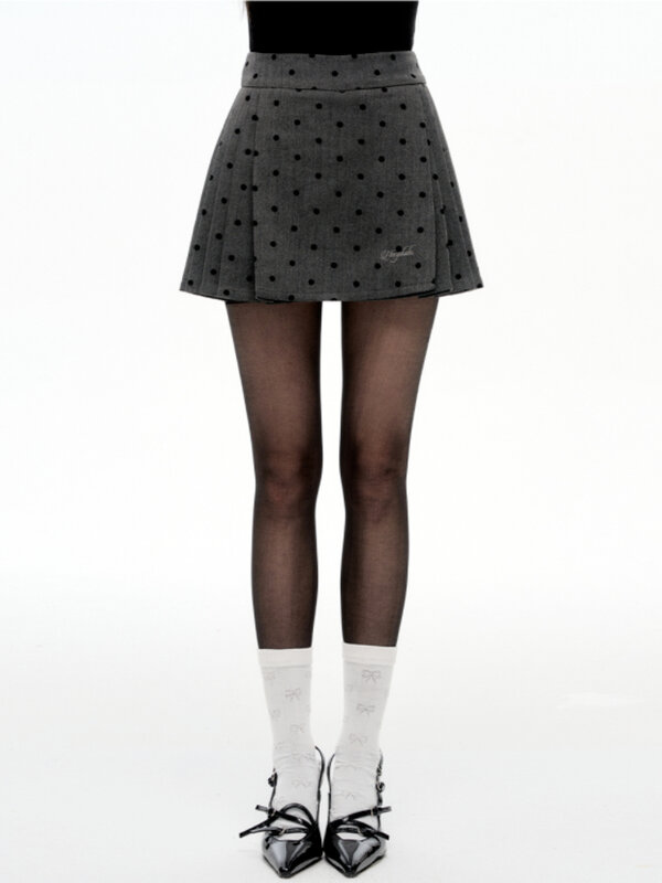 ADAgirl-Mini jupes plissées à pois gris pour femmes, lettre Kawaii, broderie, ligne A, taille haute, short, style preppy coréen, ins