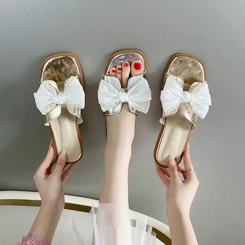 Haute Couture รองเท้าแตะส้นแบนทำจากผ้าฝรั่งเศสสำหรับ2024มีโบว์รองเท้าส้นสูงสำหรับผู้หญิงใส่ในฤดูร้อน