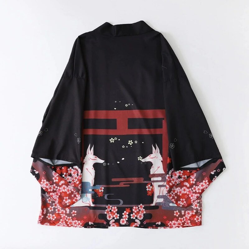 Kimono japonês yukata para mulheres, cardigan tradicional, haori, raposa